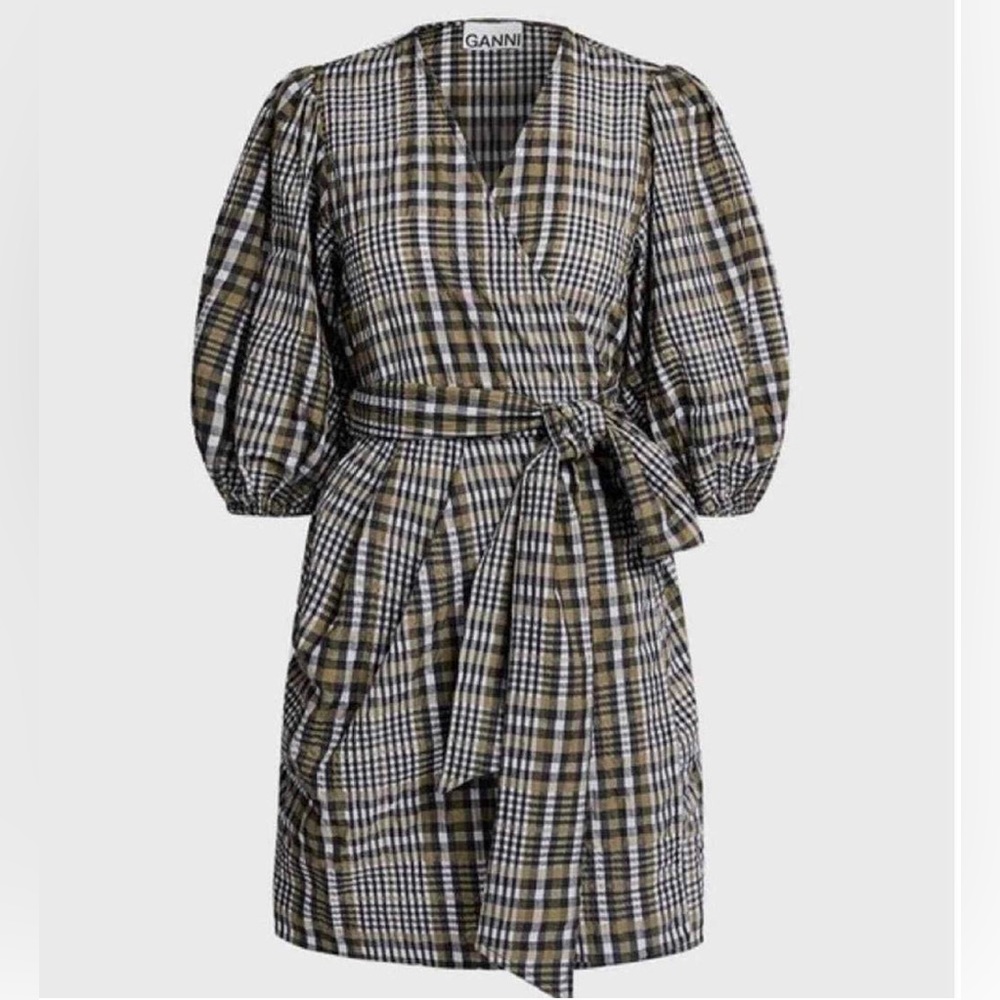 GANNI Checked Cotton-blend Seersucker Mini Wrap Dress Plaid Puff Sleeve
